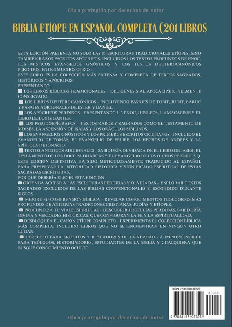 Biblia Etíope En Español Completa (201 Libros): Presenta Escrituras Apócrifas Raras, Enoc, Evangelios Gnósticos Y Textos Deuterocanónicos Perdidos (Spanish Edition)