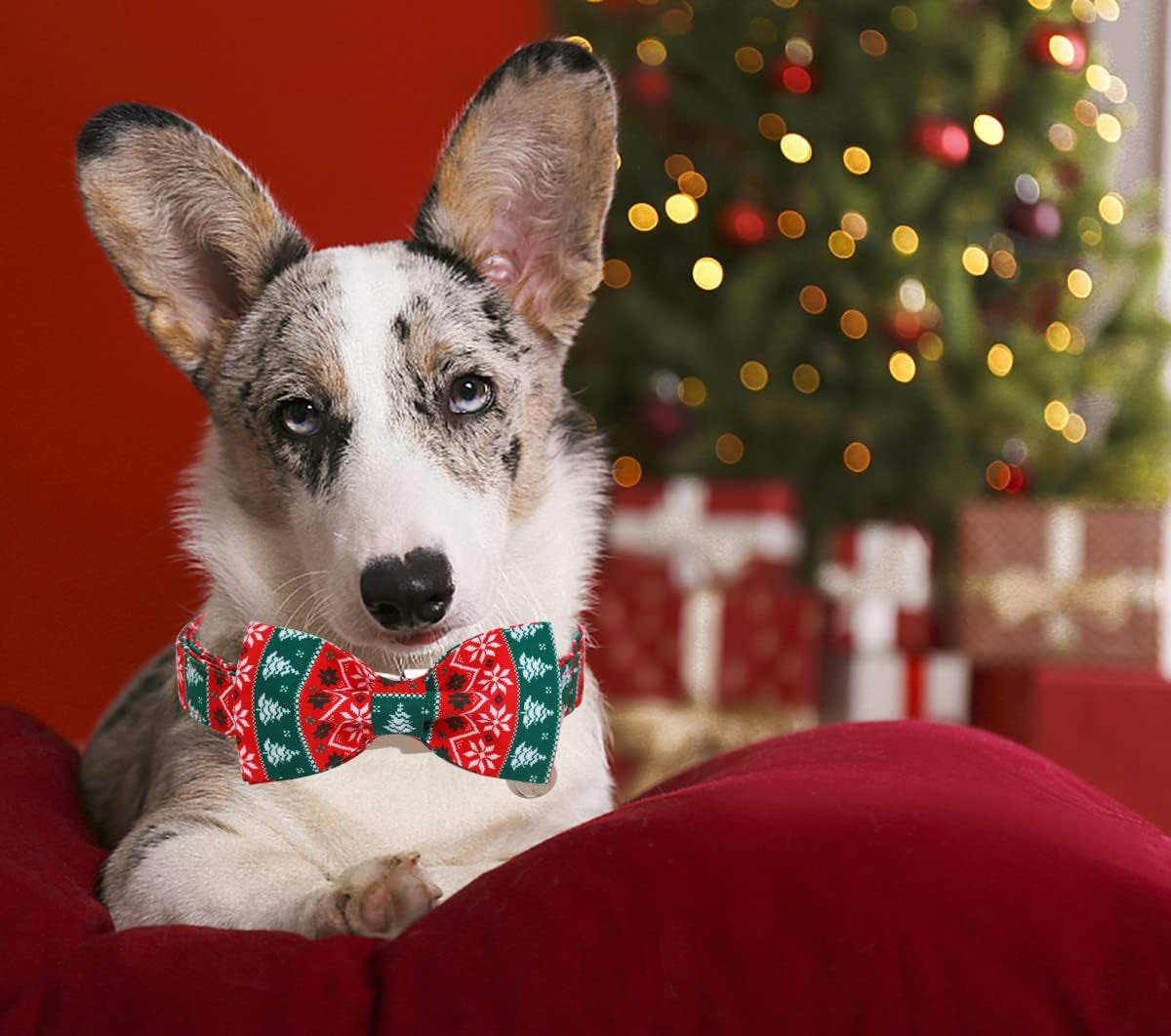 Christmas Dog Collar with Bow Tie, Red Green Strip Snowflake Dog Collar Soft Durable Adjustable Cotton Puppy Collar for Small Medium Large Dog